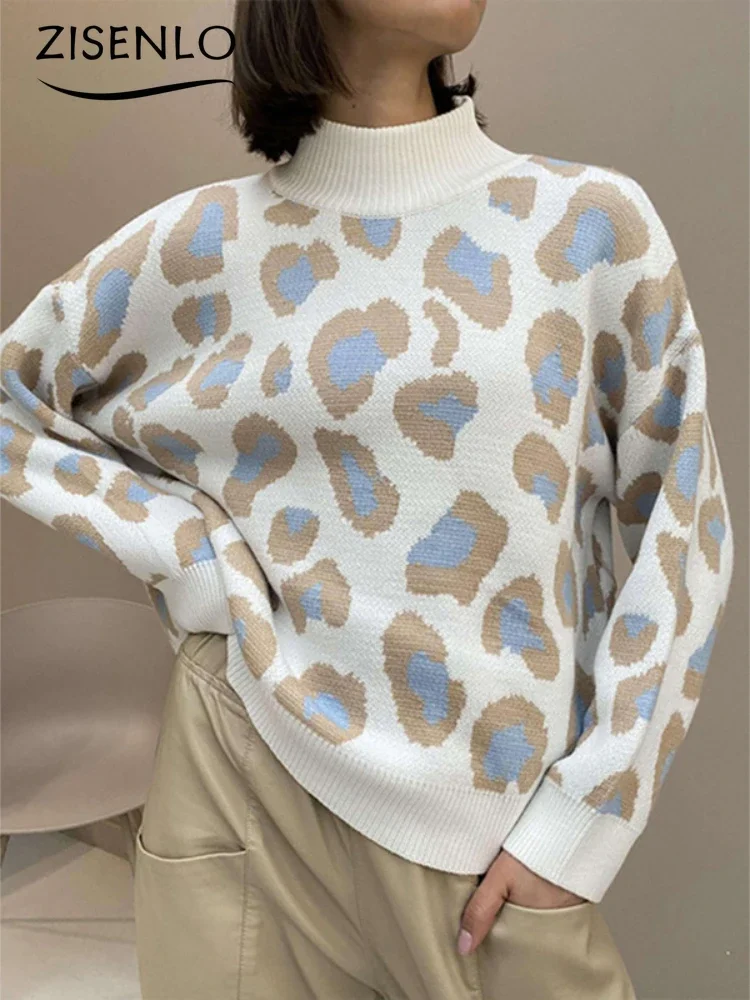 

Sweater Woman Autumn Winter New Leopard Print Half Turtleneck Sweater Trendy Loose Long Sleeved Pullover Jerseys Knitwears Tops