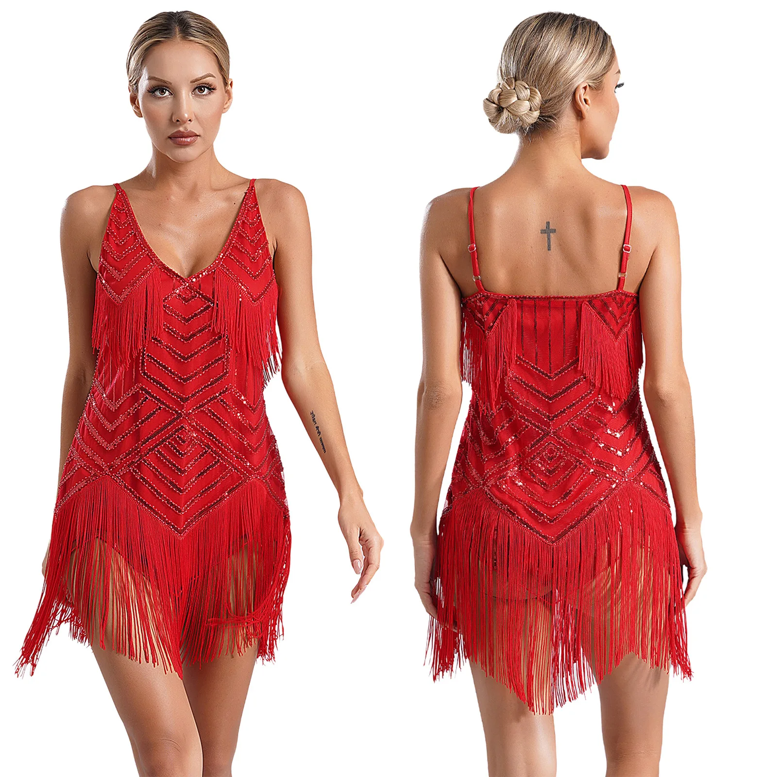thumbnail image 1 of Disfraz de baile latino Tango Samba con lentejuelas brillantes para mujer, disfraz de fiesta temática de los años 20, vestido Flapper con flecos y cuello en V, 1 of 5