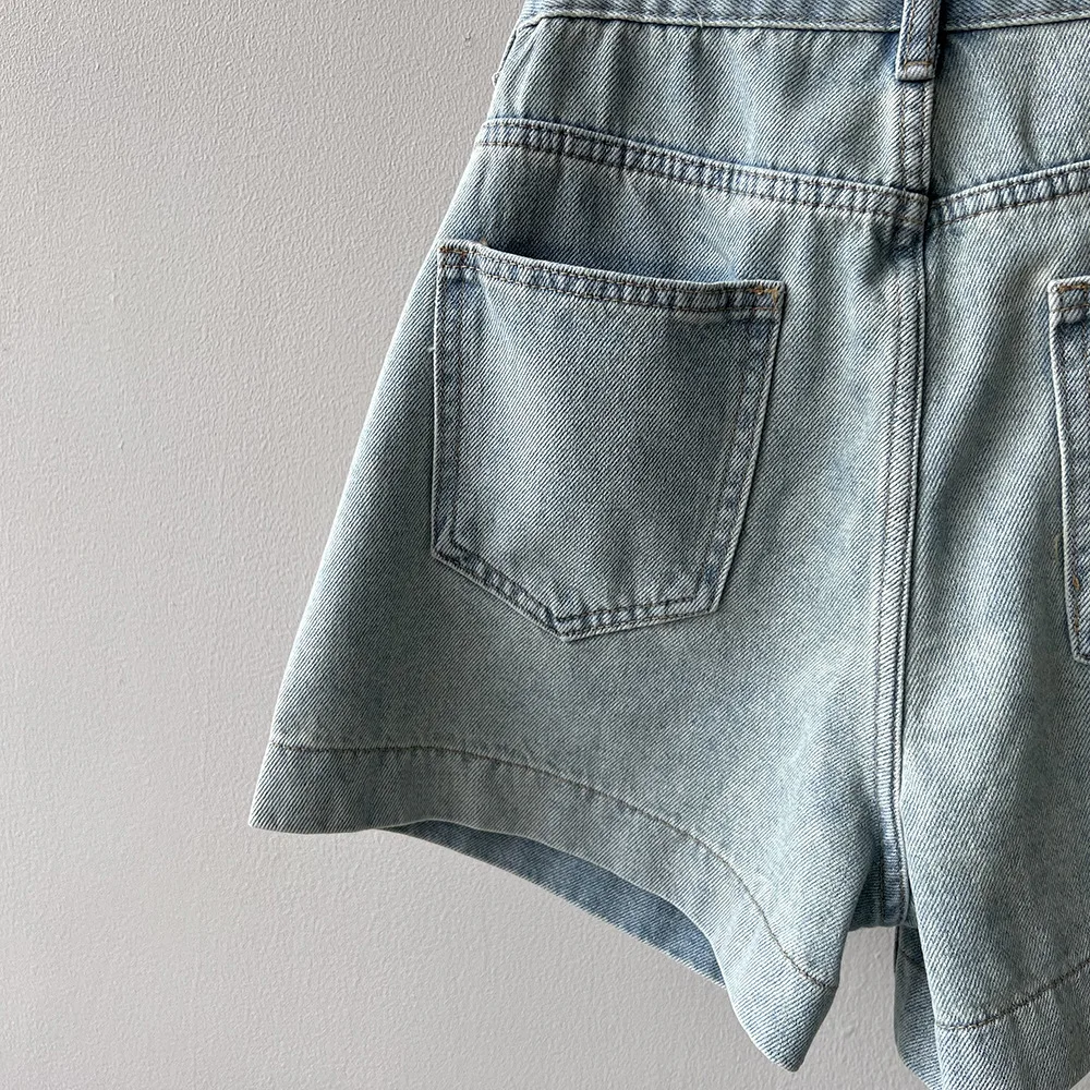 Women Clothing Retro High-waisted Pocket Denim Shorts 2024 Summer New Korean Style All-match Casual Simple Wide-leg Pants