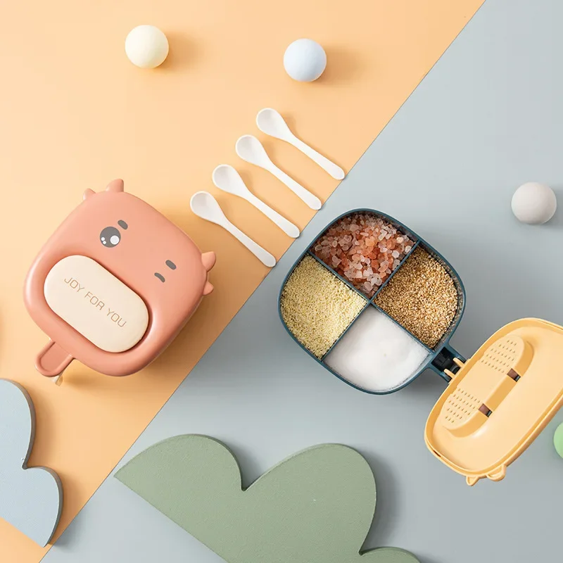 Seasoning Box Integrated Multi Grid Set Household Combination Packaging Kitchen Supply with Lid Seasoning Box Four Grid Salt Jar