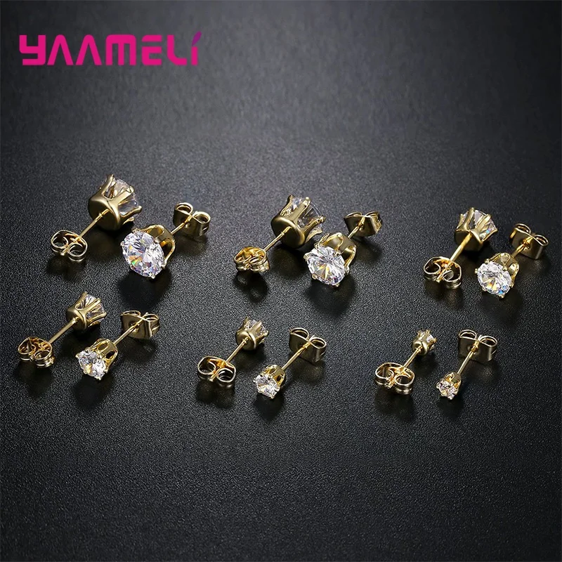925 Sterling Silver Stud Earring Cubic Zircon Rhinestone Claw Setting Jewelry for Man Woman 3/4/5/6/7/8MM Mix Size 6 Pairs