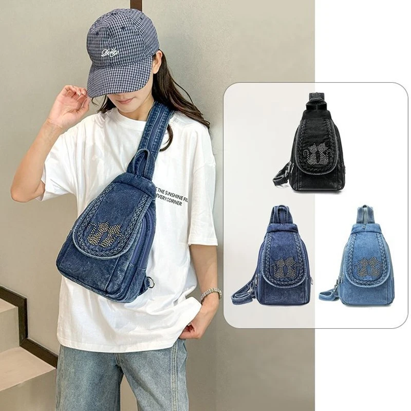 Zaini in Denim alla Moda per Donne, Piccola Borsa da Viaggio, Zainetto Femminile in Denim, Borse a Tracolla per Signore - immagine 2