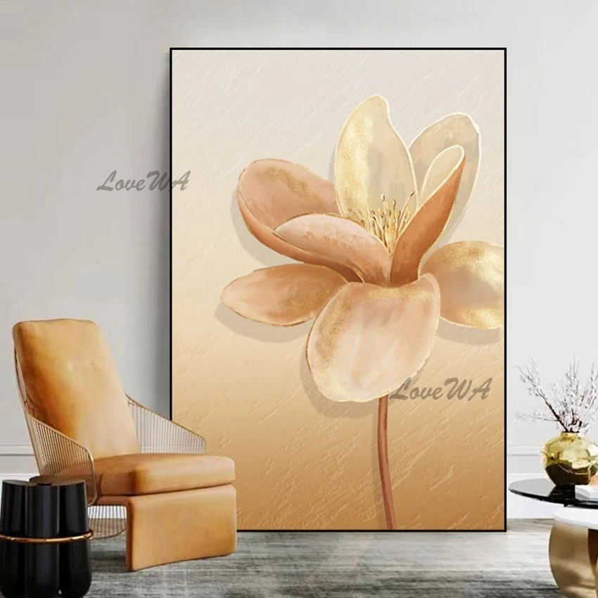

Home Decoration Pieces Luxury Gold Foil Handmade Beautiful Flower Painting Custom Artwork Wall Art Picture For Hotel Unframed