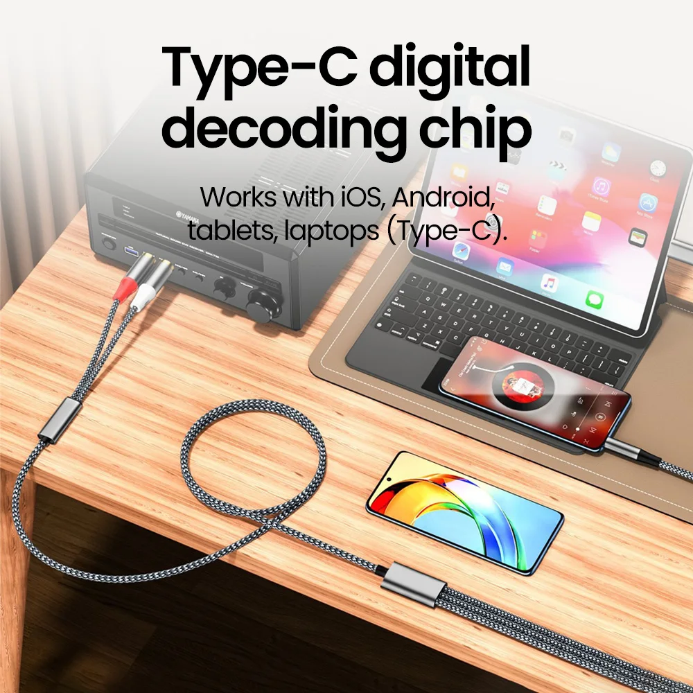 USB-C to Dual RCA Audio Adapter Cable for Speaker and Amplifier Connectivity
