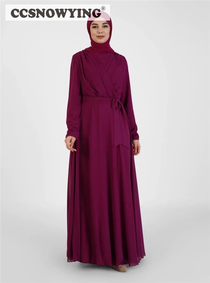 

Simple Fuchsia Long Sleeve Muslim Evening Dresses Islamic Hijab Prom Formal Party Gown Arabic Dubai High Neck Robe De Soiree