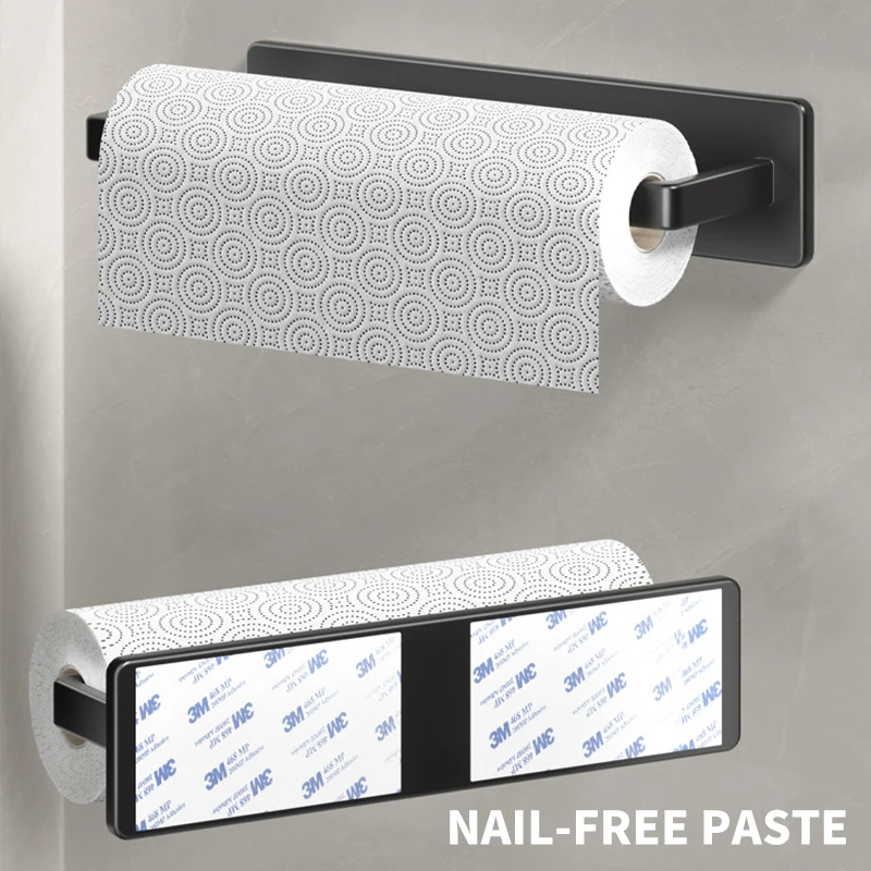 Kitchen Roll Stainless Steel Paper Holder Self Adhesive Bathroom Towel Rack No Punching Toilet Roll Paper Holder Storage Rack