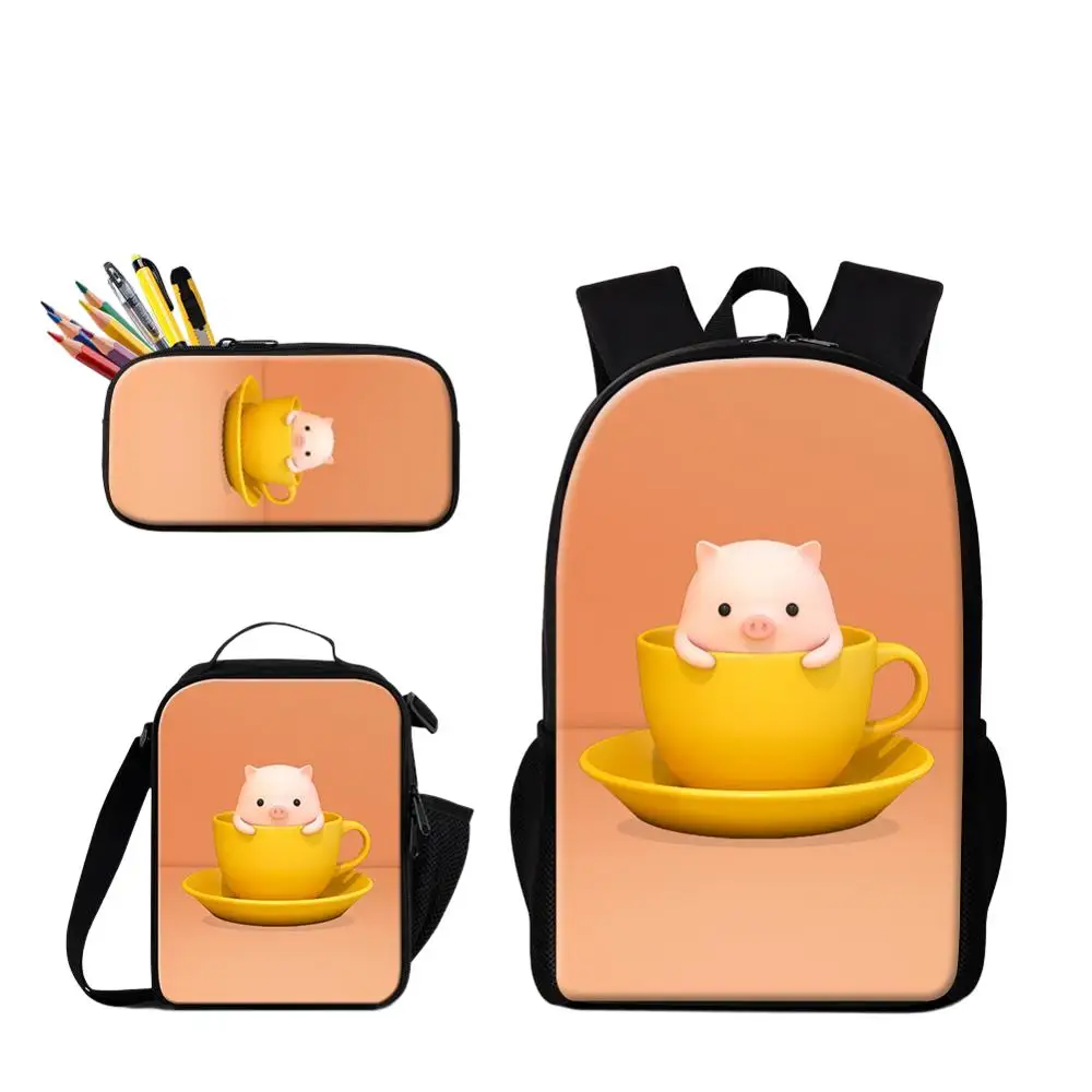 3PCS Student Daily Use Backpack With Food Lunchbox Pencil Case Cartoon Pig Printing Primary Student School Bag Girl 600D Bookbag