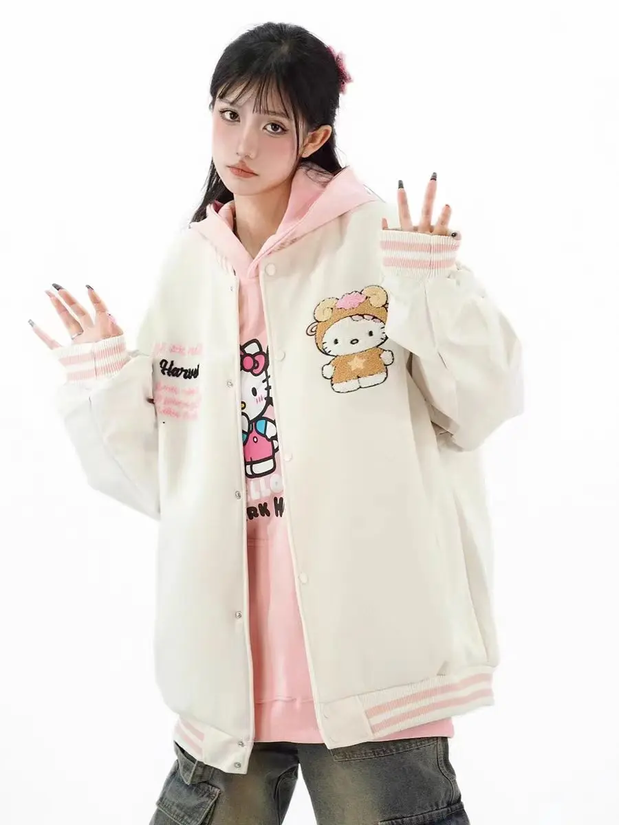 

Sanrio Hello Kitty Baseball Uniform Jacket Curly Girl Cute Color Matching American Loose Flocked Hello Kitty Autumn Coat Women
