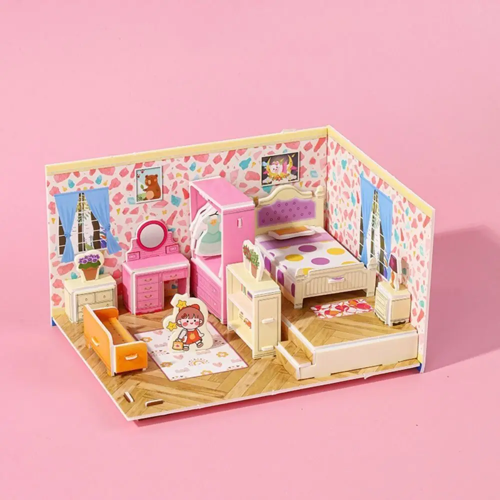 Cartoon 3D Model 3D Room Model Puzzle Kitchen Bedroom 3D Room Cardboard Handmade Bathroom Room Model Craft