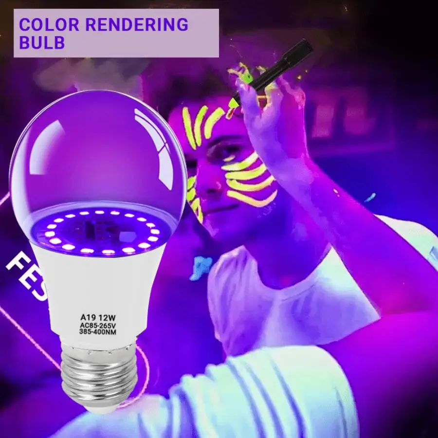 Black light bulbs 2 Pack LED black lights bulb 12W E27 glow in the dark for blacklights party body paint fluorescent poster UVA level 395-400nm