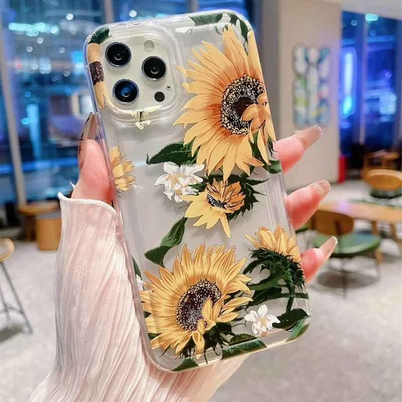 Floral Flower Sunflower Painted Clear Phone Case For iPhone 14 11