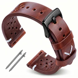 Vintage - Style Handmade Oil Wax Genuine Leather Watch Band for Men - Available in Black, Brown, Yellow, and Green (Dark Brown Black)
