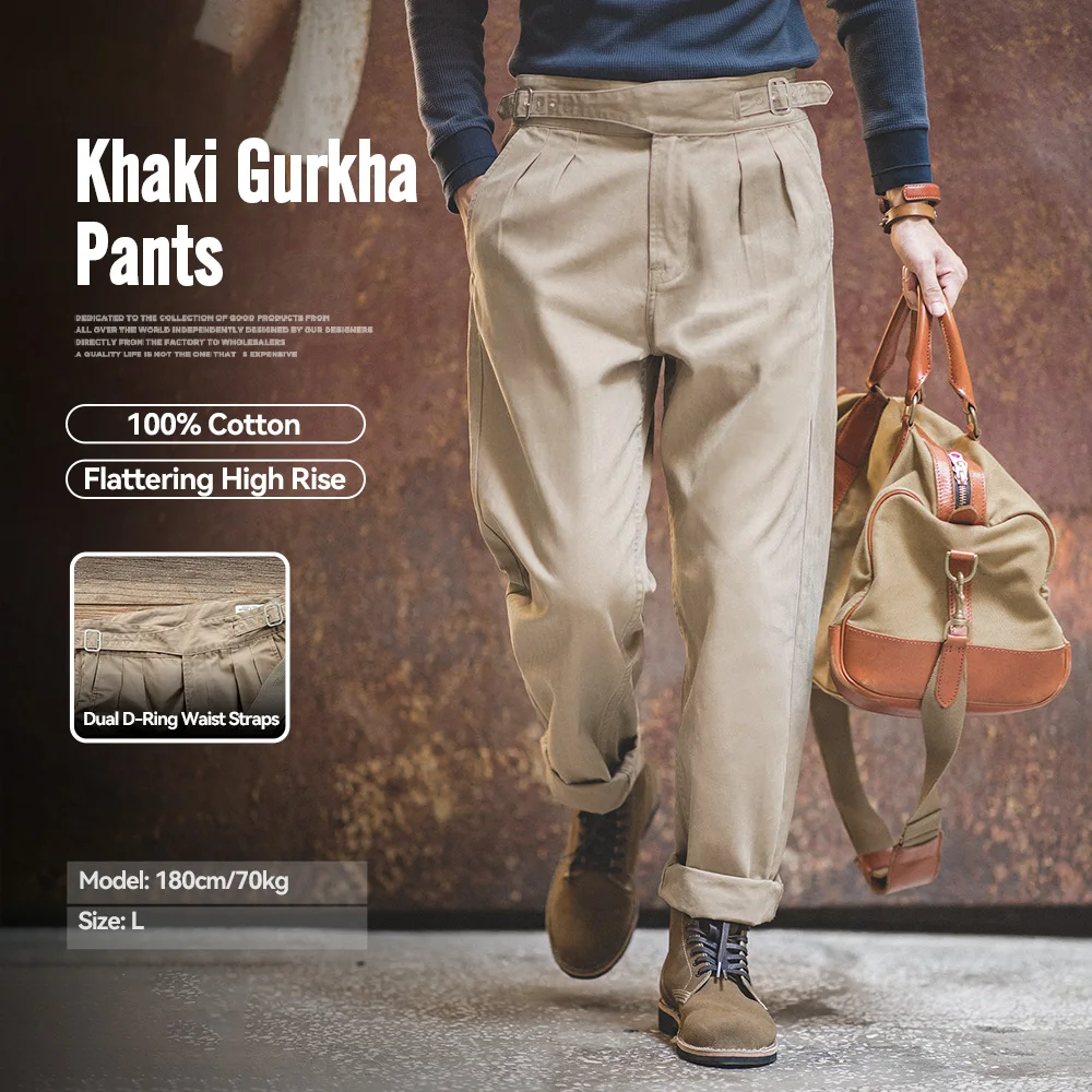 Maden Pantaloni Gurkha vintage kaki Pantaloni da lavoro cargo casual a vita alta regolabili Pantaloni dritti classici da uomo Primavera e autunno 1