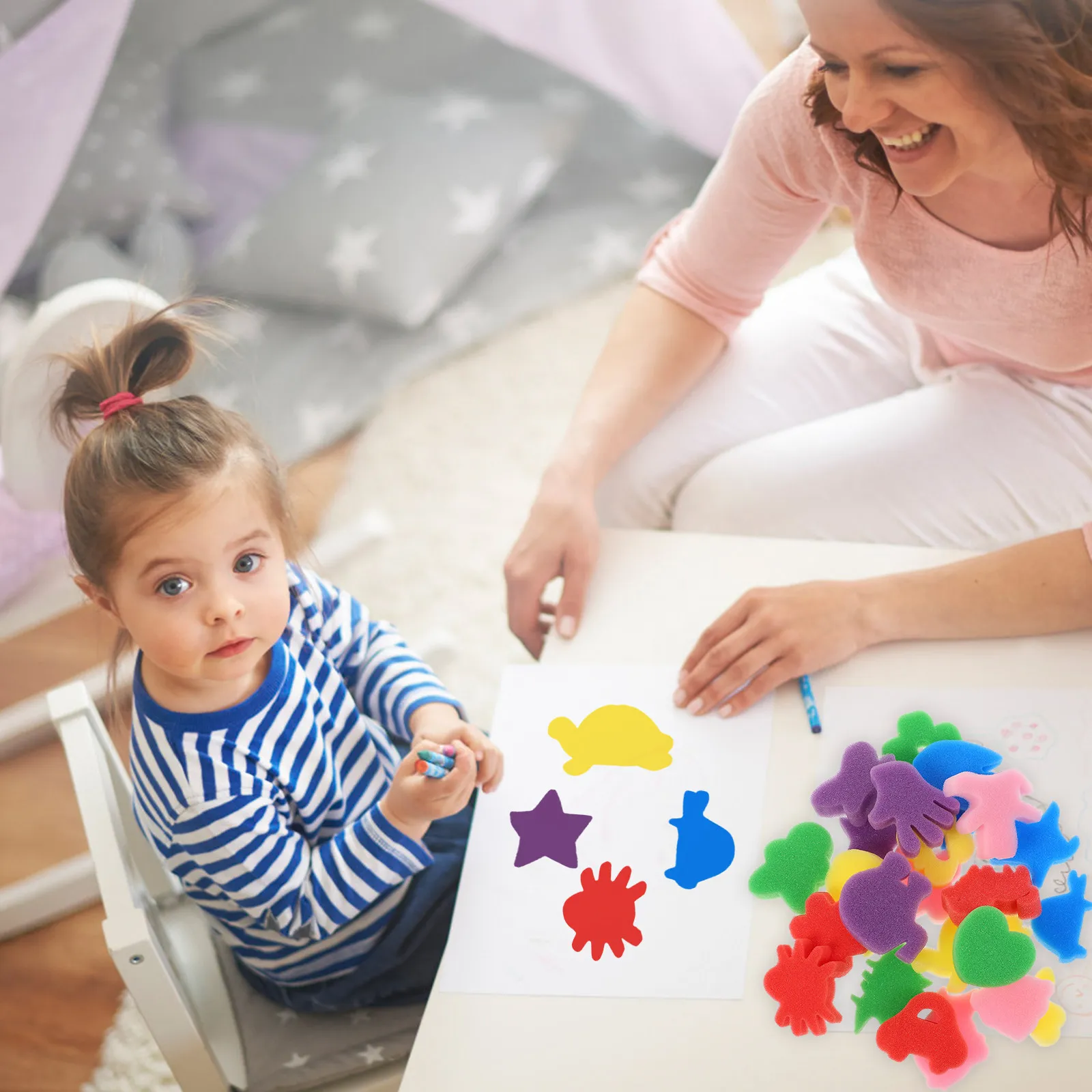 48Pcs 스폰지 페인팅 블록 다기능 어린이 DIY 페인팅 스폰지 브러쉬 교육 미술 도구 어린이 낙서 키트