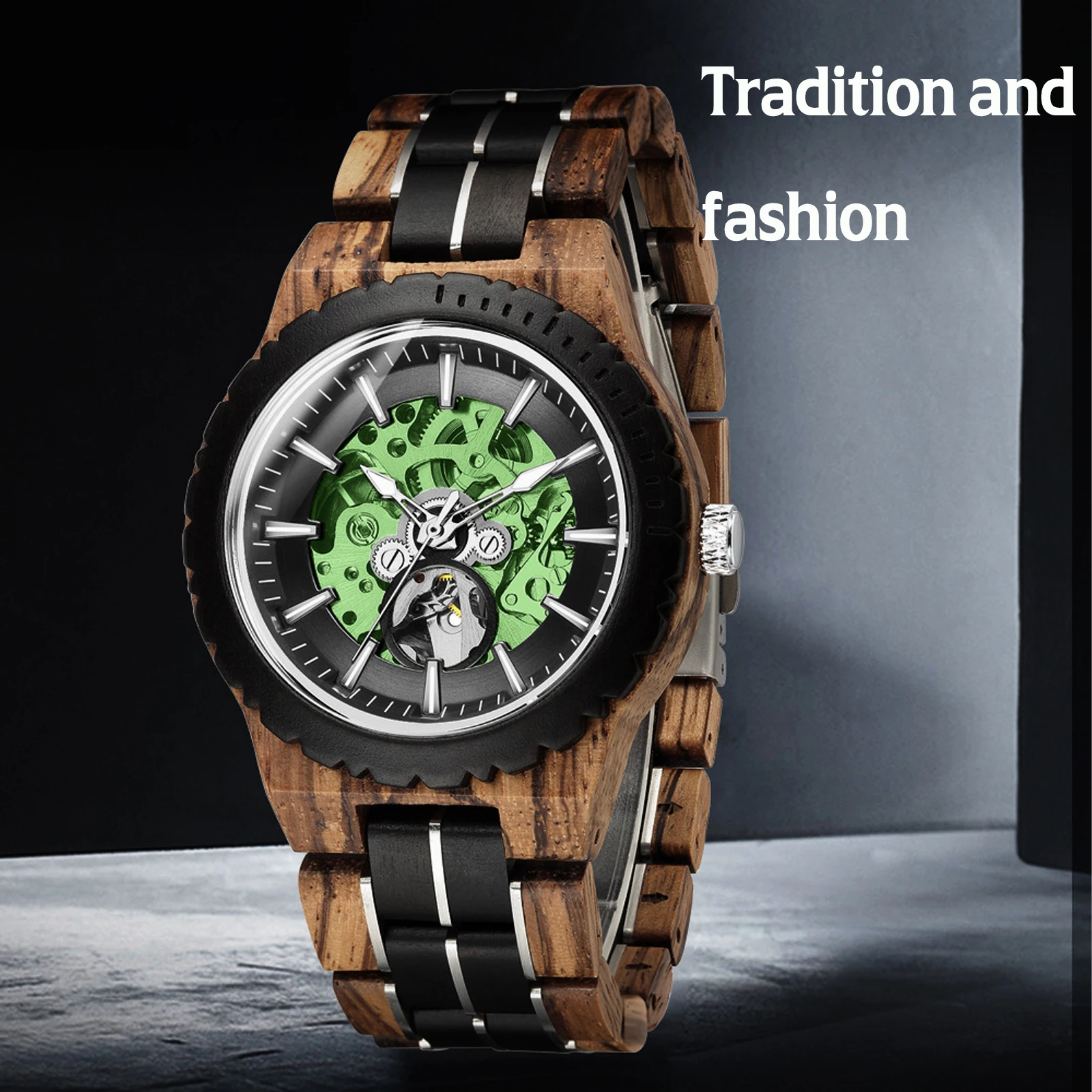 Men Wooden Mechanical wristwatches, Casual Fashion Luminous Waterproof Analog Skeleton Watch, Adjustable Strap Best Gift for Men