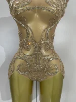 Sexy Shining Golden Rhinestone Mesh See Through Bodysuit Women Birthday Evening Party Celebrate Performance Nightclub Stage Wear - Image 5