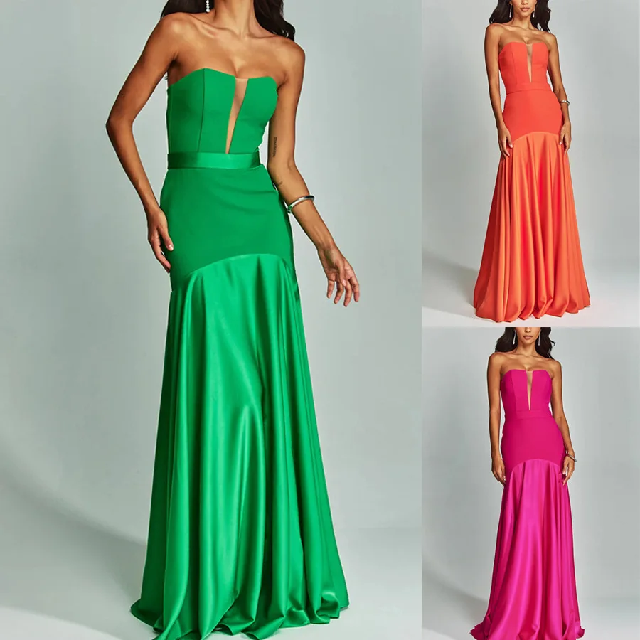 Summer New Strapless Sleeveless Spaghetti Strap Bodycon Solid Color Dress Women Casual Party Slim Fit Elegant Cocktail Beachwear