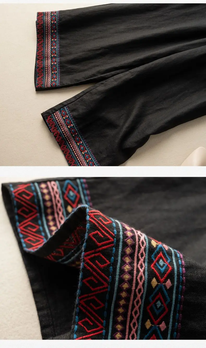 Blaue Stickerei, feste, lässige, elastische, hohe Taille, Baumwolle und Leinen, Damenhose, weites Bein, durchgehende Hose für Damen, Kleidung, Mode – Detail 11
