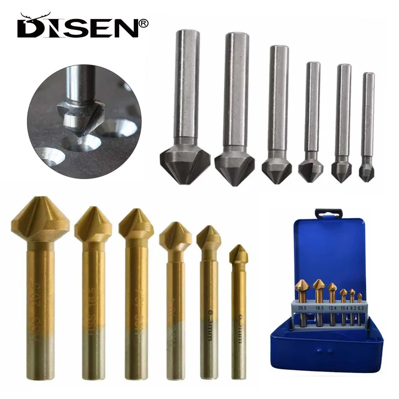 3 Flute HSS Hard Metals Titanium Three Edge Chamfer Chamfering End Mill Cutter Bit 6.3-20.5mm Round Shank Countersink Drill Bit