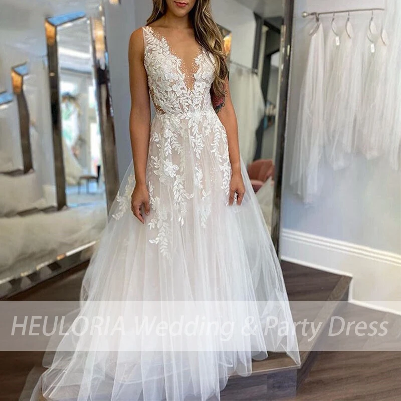 elegant V neck wedding dress A line leaf lace applique bridal dress Robe De Mariee Wedding Bride