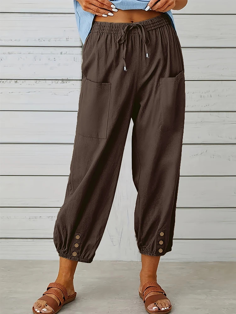 Women Cotton Linen Pants with Button Overall Wide Leg Trousers