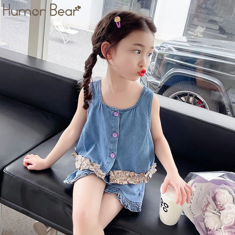 

Humor Bear Girls' Summer New Sleeveless Thin Denim Set Baby Casual Shorts Fashionable Vestidos Casual Outfit 2-6Y