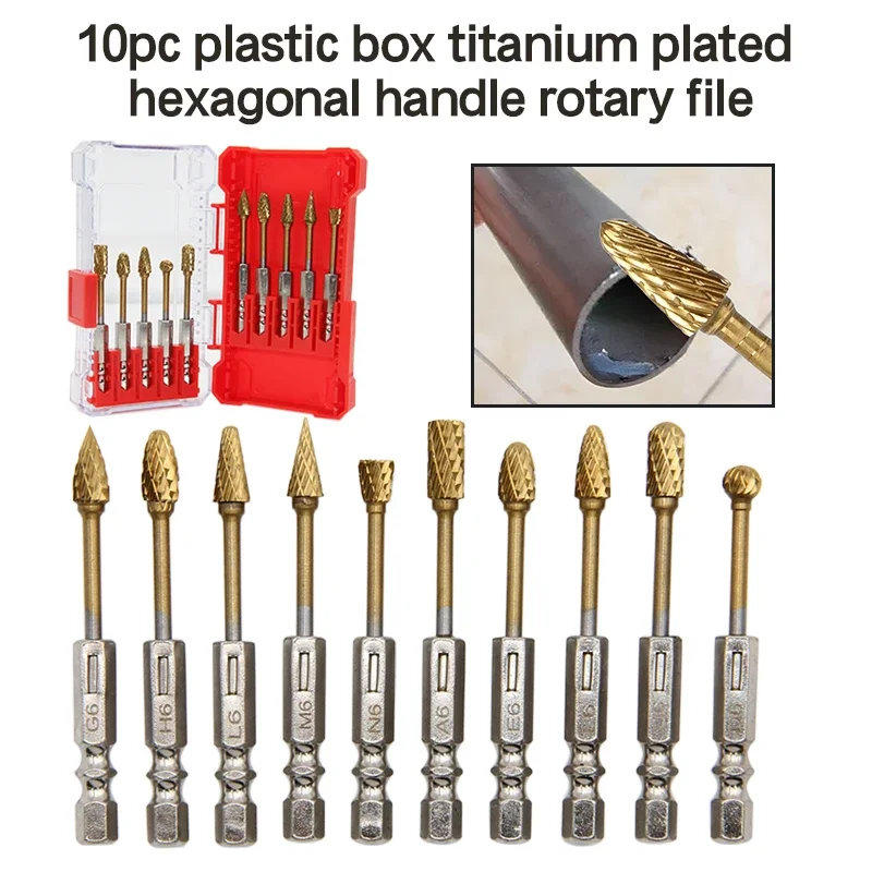 10-teiliges Hartmetall-Fräser-Set mit 1/4 Zoll Sechskantschaft, Doppelschnitt-Fräser für Metalle, Jade, Stein, Holz, Gravurwerkzeug – Detail 12