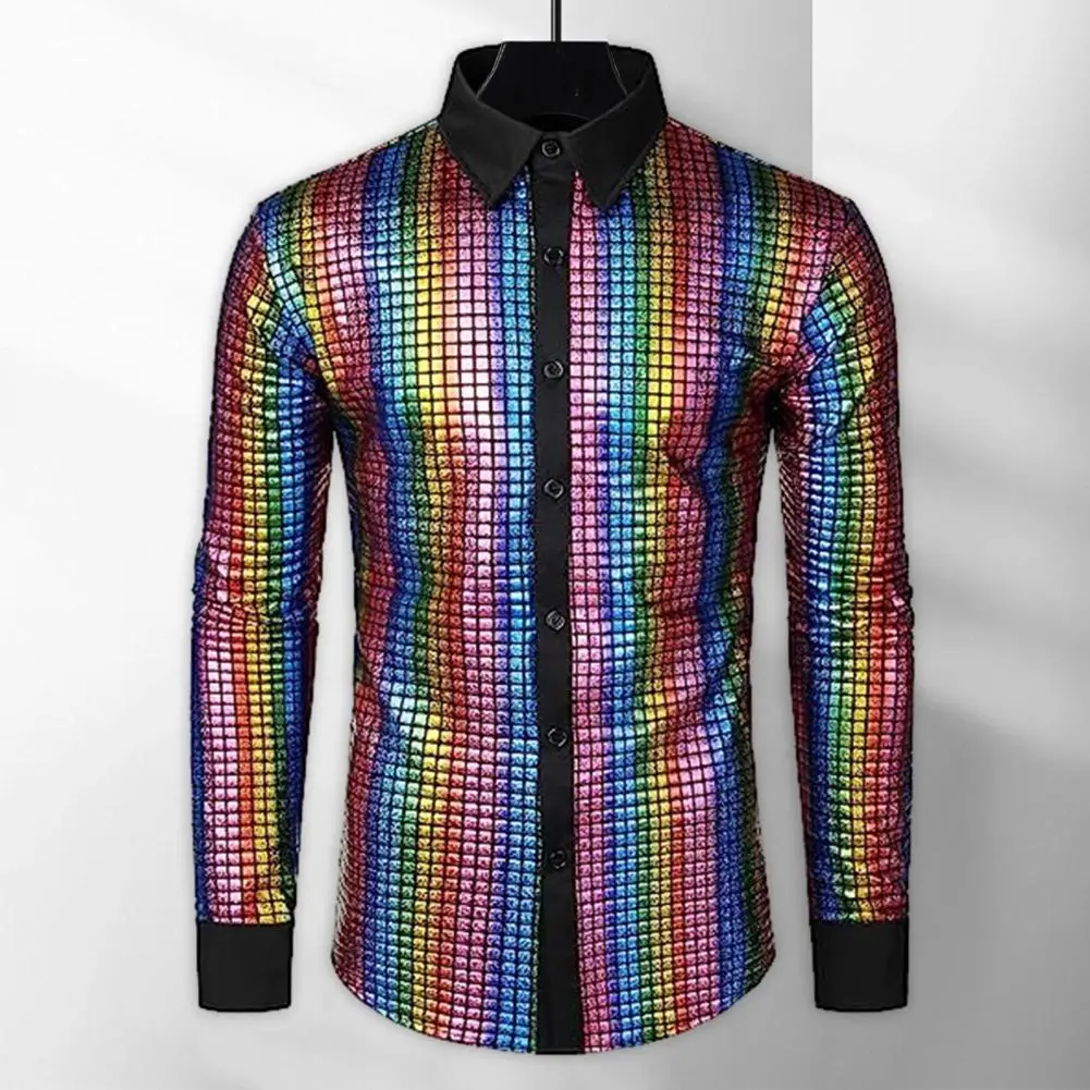 Men Sequin Shirt Sequin Stand Collar Men's Shirt for Club Dance Disco Stage Performance Shiny Smooth Vintage Top with Long