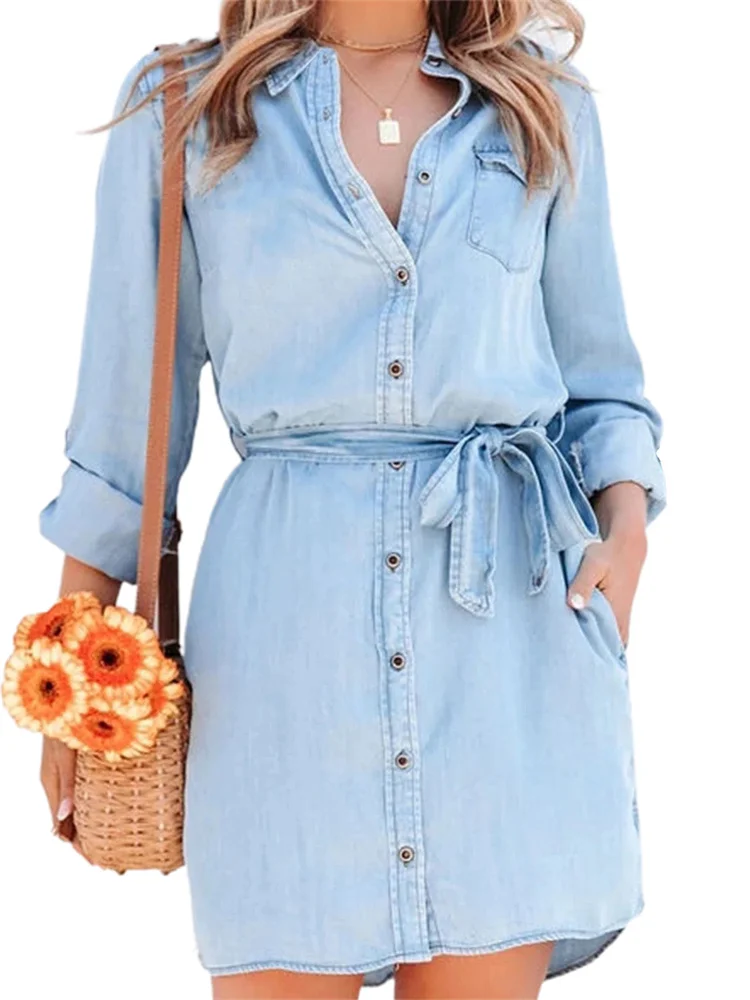 Frauen Herbst Denim Hemd Kleid Einfarbig Langarm Button-Down Revers Kurzes Kleid mit Gürtel
