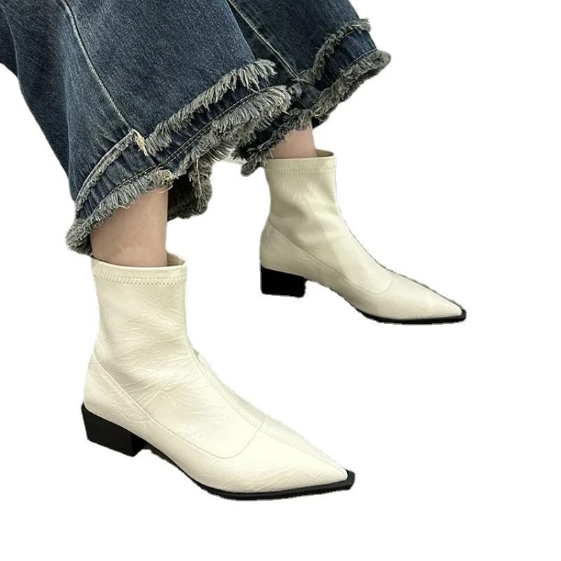 Shoes for Women 2023 New High Quality Silver Women's Boots Sexy Pointed Toe Mid Heel Ankle Boots Stylish Office Female Shoes