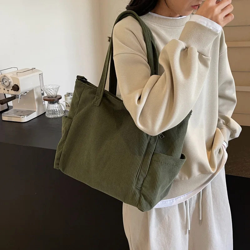 Corduroy Tote Bag Pocket