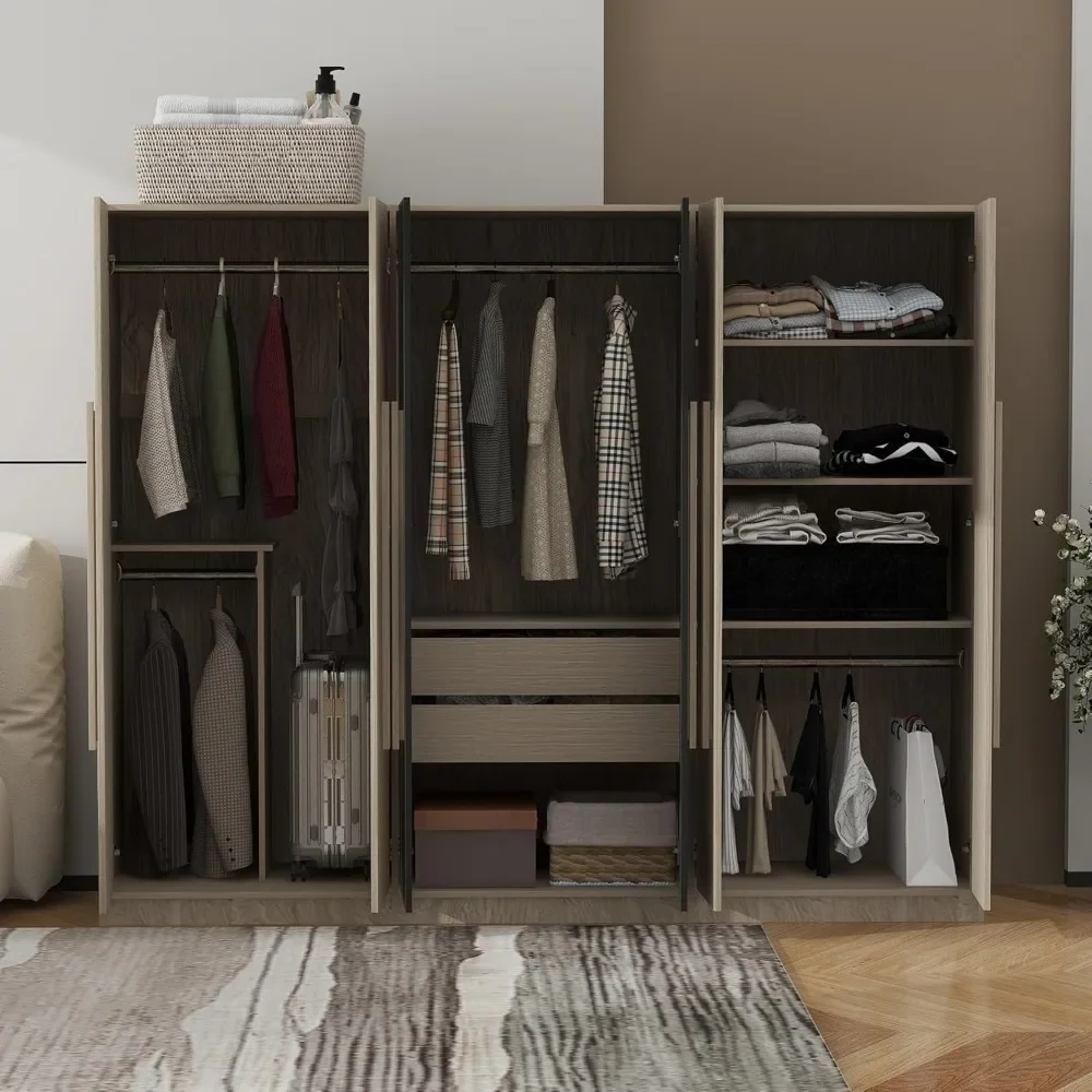 82.6" Wooden Armoire Wardrobe Cabinet with 6 Doors, 2 Drawers, 4 Storage Shelves & 4 Hanging Rods, Armoire Wardrobes Closet 3