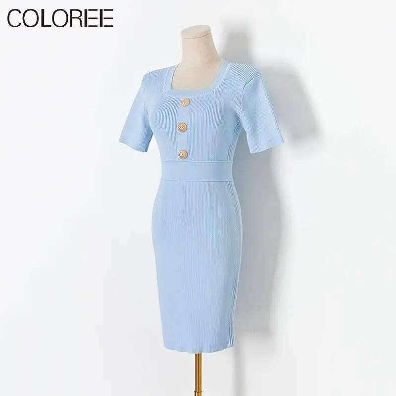 

White Black Blue Knit Dress Women Summer Luxury Gold Buttons Short Sleeve A-line Mini Summer Dress 2023 New In Knitwears