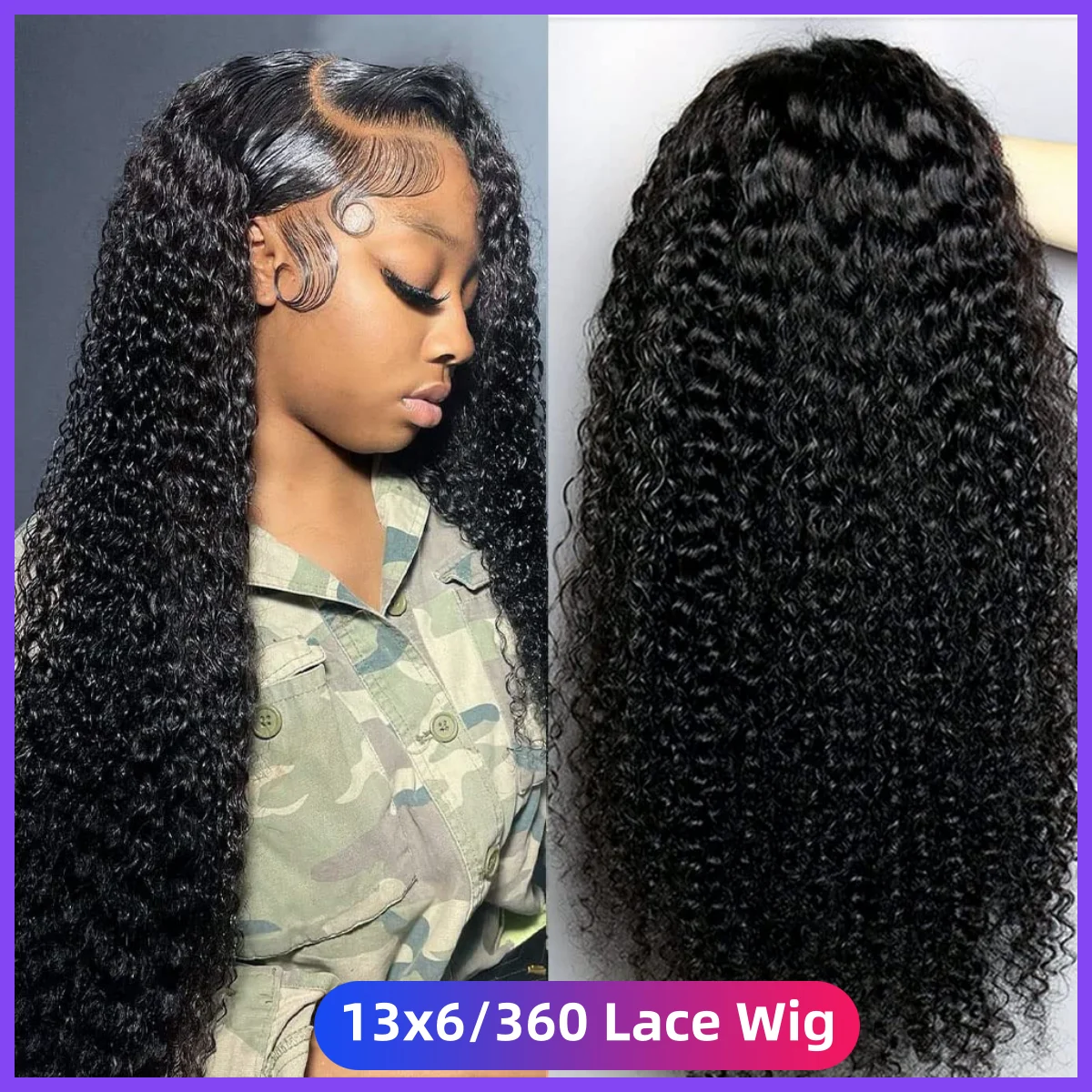 

Kinky Curly 13x6 Lace Front Mongolian Human Hair Wigs For Women Natural Black 360 HD Transparent Frontal Wig 26 24 INCH Glueless