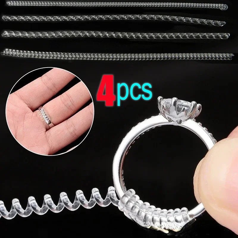 4pcs/Set Ring Size Reducer Tools Spiral Spring Based Rings Adjust Invisible Transparent Tightener Resizing Tool Jewelry Guard 4pcs set transparent ring size reducer tools spiral spring based rings adjust invisible tightener resizing tool jewelry guard