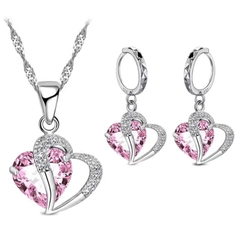 Women's 925 Sterling Silver Cubic Zircon Necklace Pendant Earrings Sets Cartilage Piercing Jewelry Wedding Heart Design silver jewelry set jewelry set silver jewelry