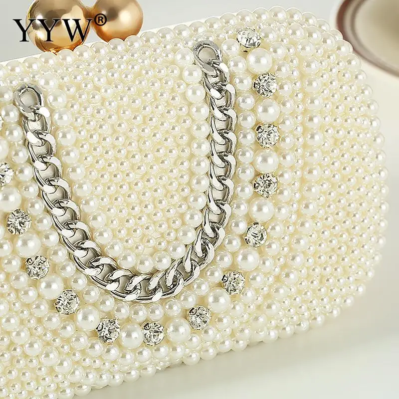 Elegant Plastic Pearl Women Evening Party Handbag Crystal Beading Bridal Wedding Party Bags Female Metal Chain Crossbody Purse