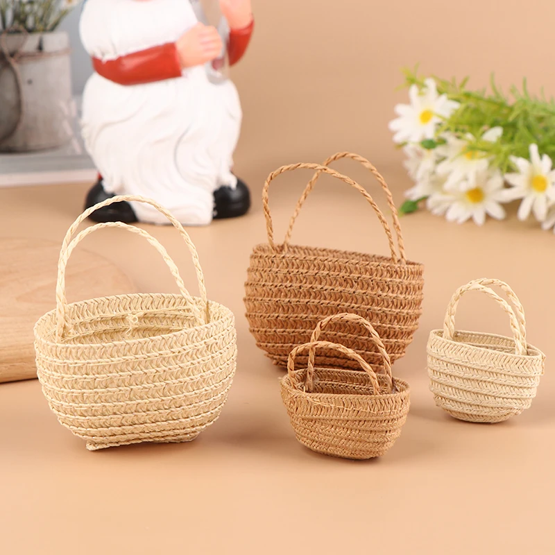 1/12 Dollhouse Woven Bread Basket Shopping Basket Straw Handbags Dollhouse Weaving Beach Bag For Dolls Miniature Decoration