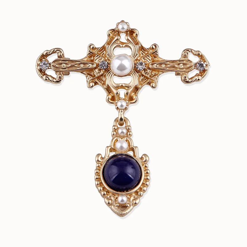 Broche en perles ajourées pour femmes, rétro, Baroque, croix, exquise, saphir, pendentif, manteau, broche, Corsage