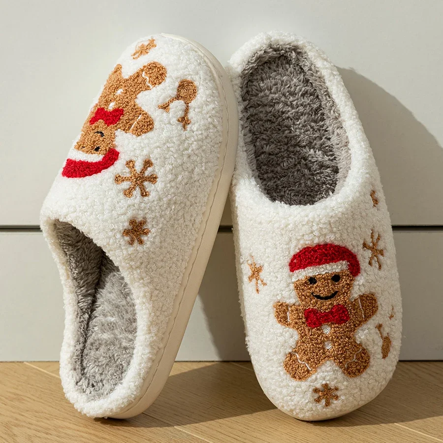 Women Slippers Christmas Cartoon Gingerbread Man Winter Indoor Warm Comfort Bedroom Soft Sole Lightweight Cotton Home Shoes