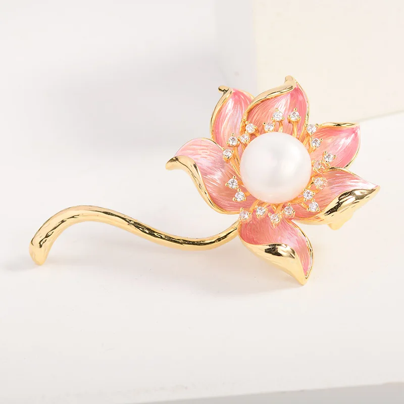Retro Hand-painted Lotus Natural Freshwater Pearl Brooches Pins Brand Design Statement  Wedding Party Corsage Bouttoniere