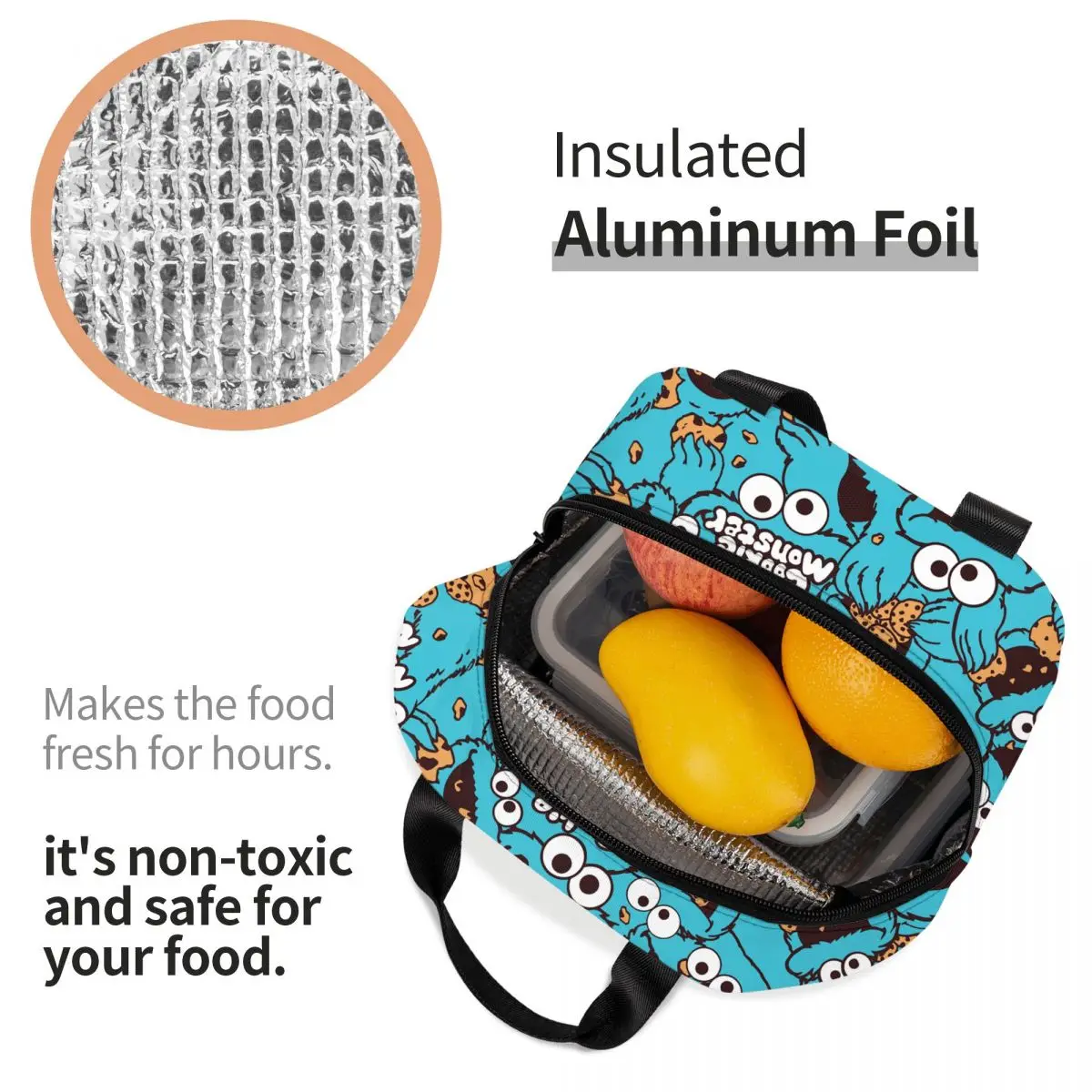 Cute-S-Cookied-S-Monstered Insulated Lunch Bag Leakproof Sesamed Streeted Reusable Thermal Bag Lunch Box Tote Beach Picnic
