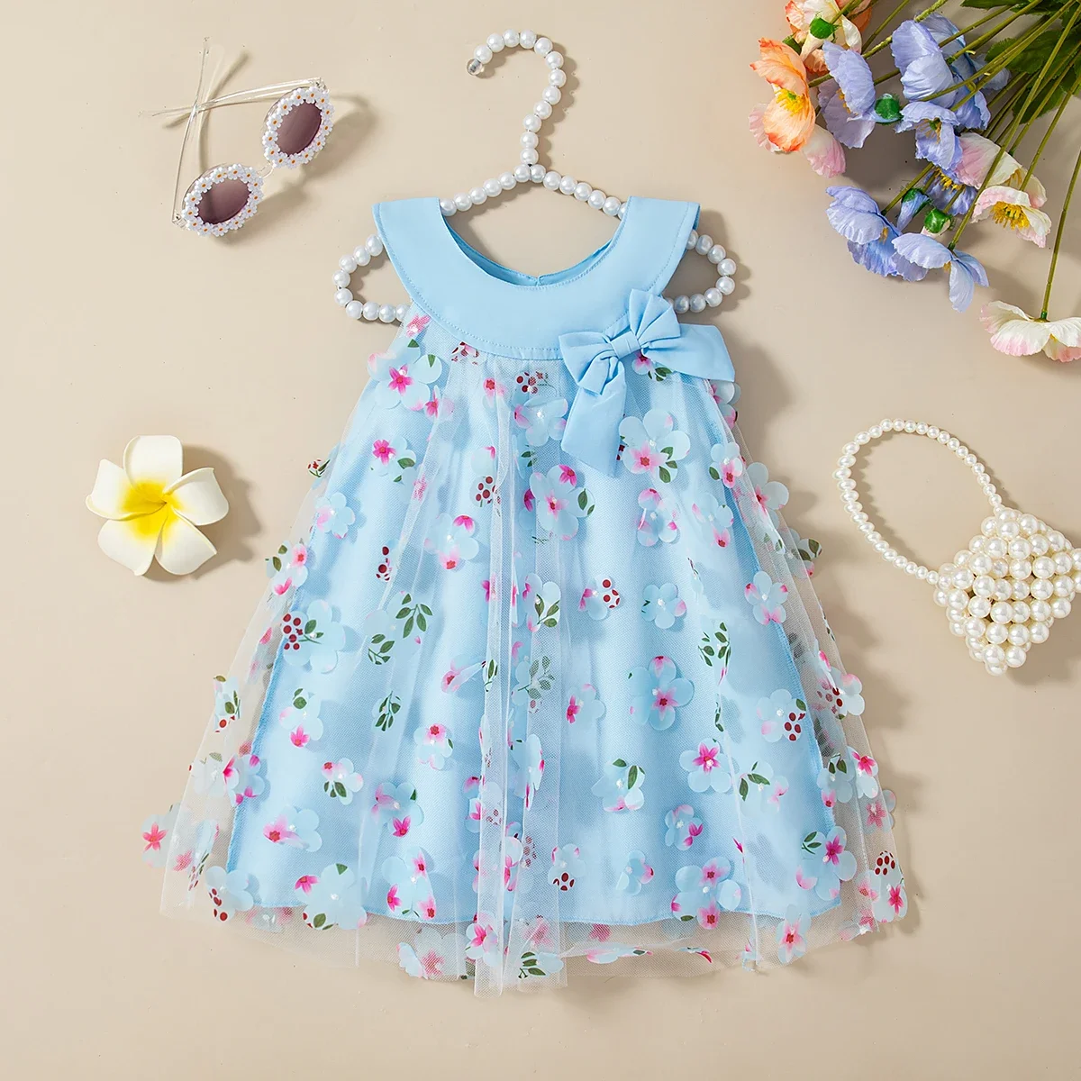 Baby Mädchen Kleider Sommer Voll Gedruckt Blume Mesh Prinzessin Kleider Mädchen Schleife Hochzeit Blumenmädchen Kostüme – Detail 4