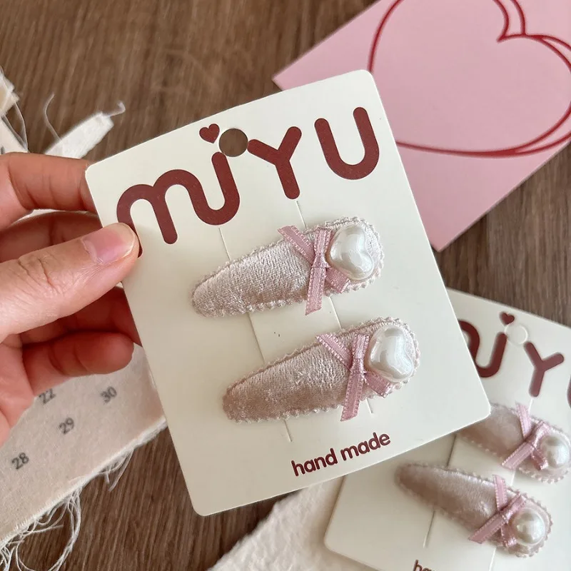 Korean Version of Pink Velvet Sweet Pearl Bow Children's Water Drop Bb Clip Side Bangs Versatile Girls Hairpin