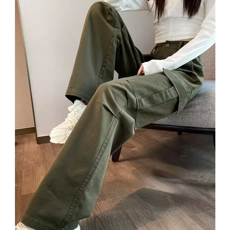 Зеленые американские джинсы большого размера для женщин на осень, с высокой талией, облегающие прямые свободные широкие брюки в стиле ретро