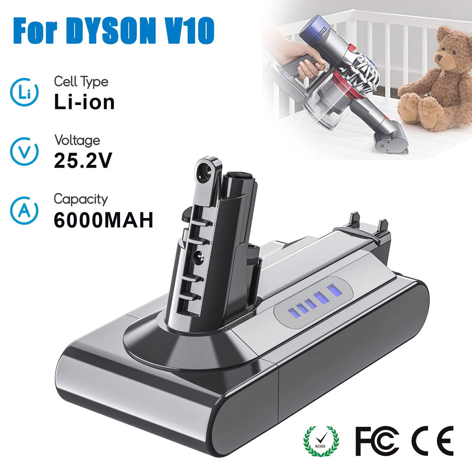 Per Dyson V10, Batteria Ricaricabile Sv12 25.2V 6.0Ah Li-Ion Per Dyson V10Animal, V10 Absolute, V10 Batteria Per Aspirapolvere Soffice