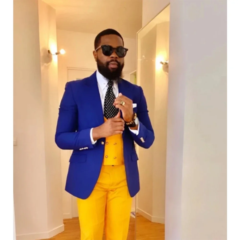 Costume Homme Men Suits Royal Blue Jacket Yellow Pant Vest Slim Fit Wedding Party 3 Pieces Groom Prom Blazer Terno Masculino