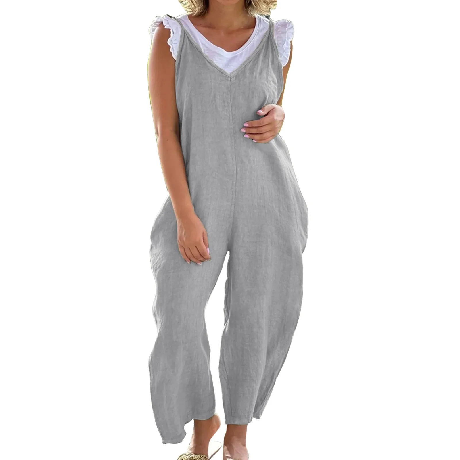 Vintage Cotton Linen Jumpsuits Women 2023 Casual Solid Strap Wide Leg Suspender Pants with Pockets Summer Loose Overalls Rompers