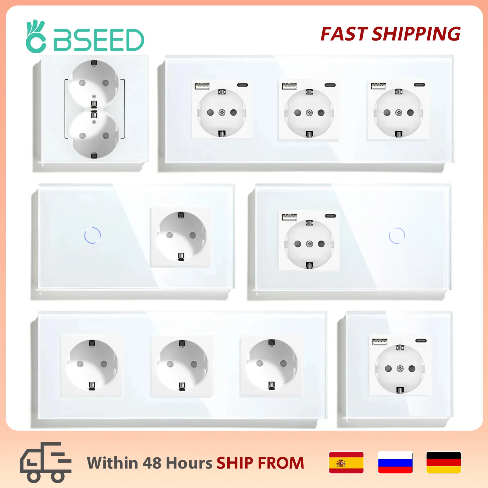 BSEED สวิทช์ไฟสัมผัส EU Power Wall ซ็อกเก็ตผนังสีขาว LED สวิทช์ 1/2/3Gang 1Way แผงคริสตัลแก้วคริสตัล Dark Backlight 1