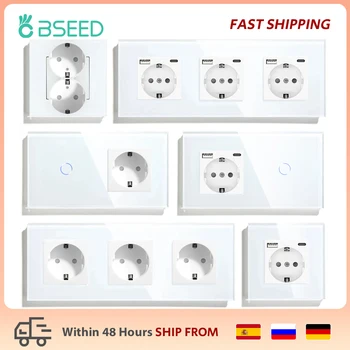 BSEED สวิทช์ไฟสัมผัส EU Power Wall ซ็อกเก็ตผนังสีขาว LED สวิทช์ 1/2/3Gang 1Way แผงคริสตัลแก้วคริสตัล Dark Backlight 1